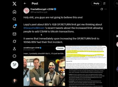 X post from FractalEncrypt discussing Bitcoin SV's OP_RETURN limit and security risks.