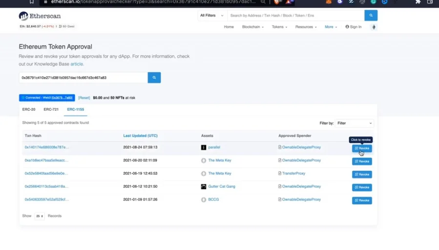 Screenshot of the Etherscan token approval checker tool.