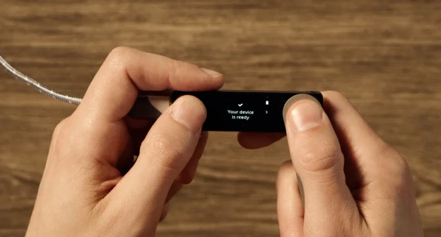 The Ledger Nano X screen displaying 'Your device is ready'.