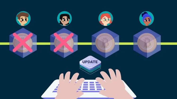 series of blockchain nodes being updated from old encryption to new, while a hand types at a keyboard