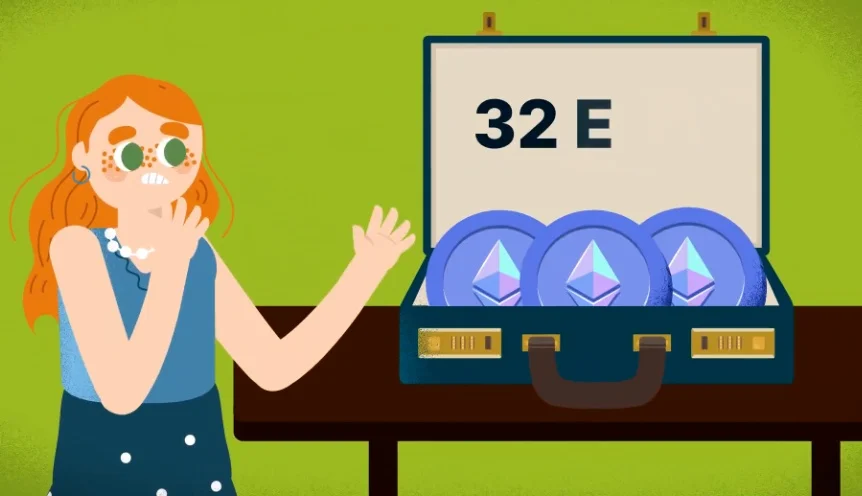 Illustration of 32 ETH being deposited into a safe to represent staking.