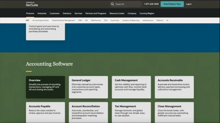 Dashboard screen showing ERP, CRM, and Financial Management features in NetSuite