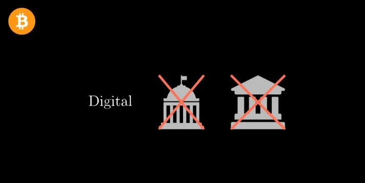 A diagram with a Bitcoin icon crossed out over government and bank building icons to signify independence.