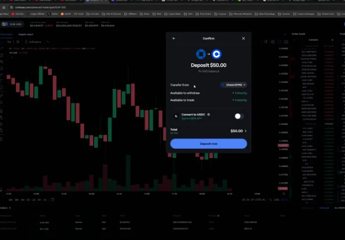 Confirmation screen for a $50 deposit into Coinbase, indicating funds are available instantly.