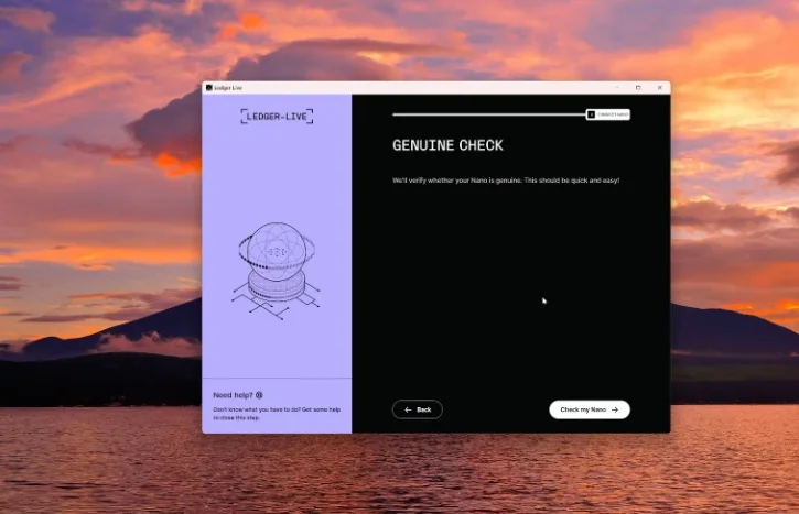 Ledger Live window confirming the genuineness of the connected device.