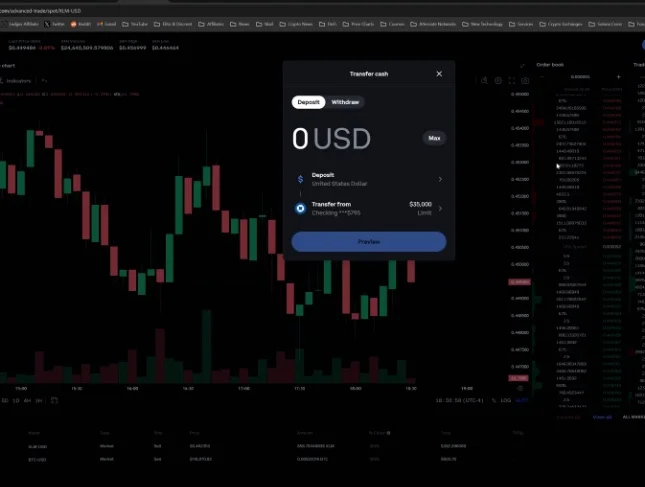 The transfer cash modal allowing users to deposit or withdraw funds with a 'Preview' button.