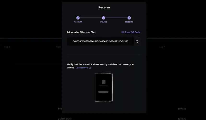 Ledger Live software prompting the user to verify an Ethereum address against the one on their Ledger device.