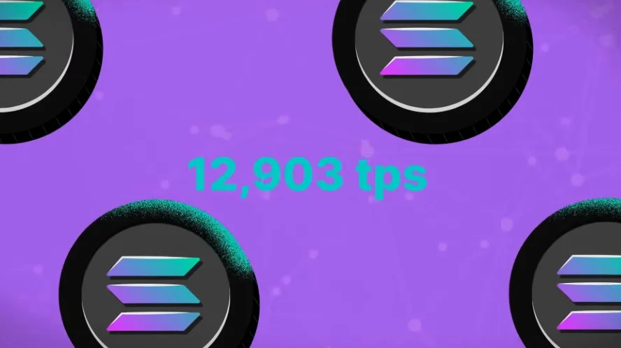 Animation representing Solana's transaction throughput reaching 65,000 transactions per second.