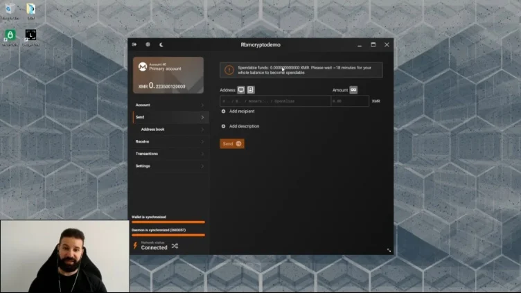 Notification bar explaining that incoming funds need time to become spendable.