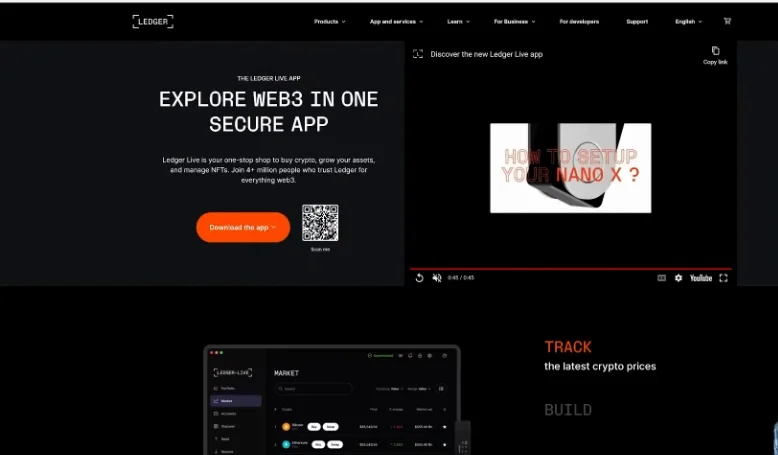 Ledger website showing the 'Download the app' button.