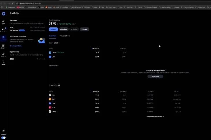 Coinbase Portfolio view displaying total balance, available cash, and crypto assets.