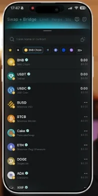 Bitget Wallet swap and bridge interface showing multiple token options for gas fees.