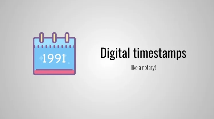 Calendar icon labelled 1991 next to the text 'Digital timestamps like a notary!'