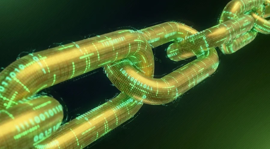 Golden chain links with digital binary code floating on them