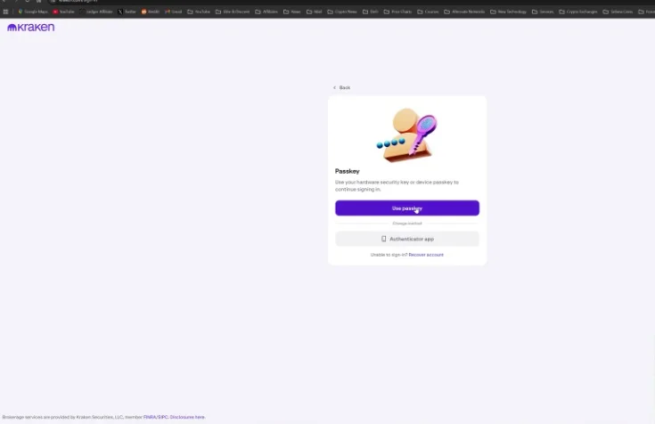 Kraken website sign-in page requesting authentication via a passkey stored on a hardware device.