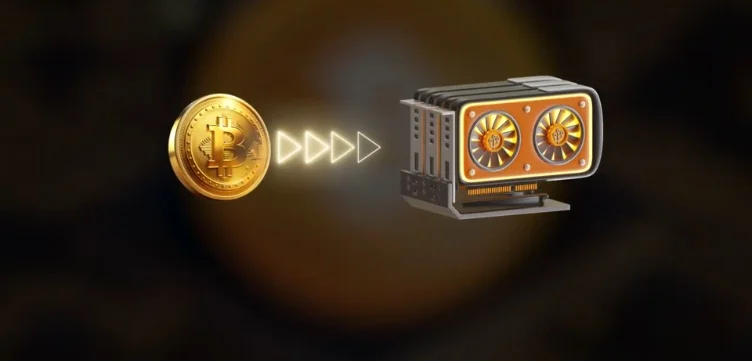 An animation showing Bitcoin being processed by specialized mining hardware.