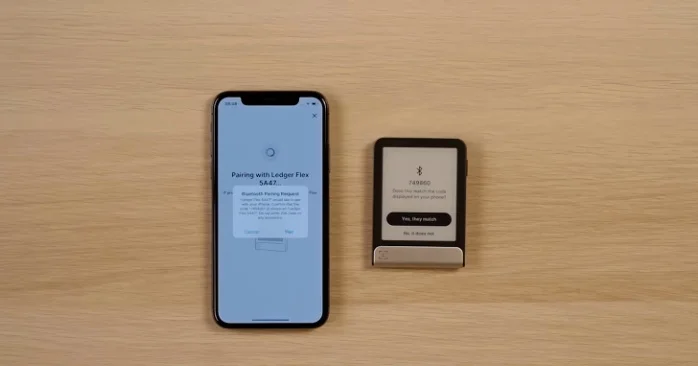 Ledger Live app display showing a Bluetooth pairing request with a code that must be verified against the device