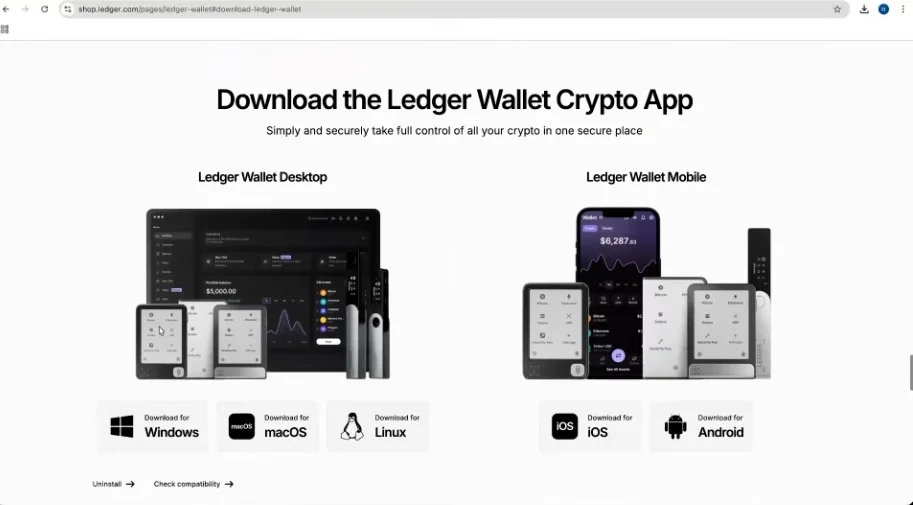 Ledger Wallet app download page with options for Windows, macOS, and Linux.
