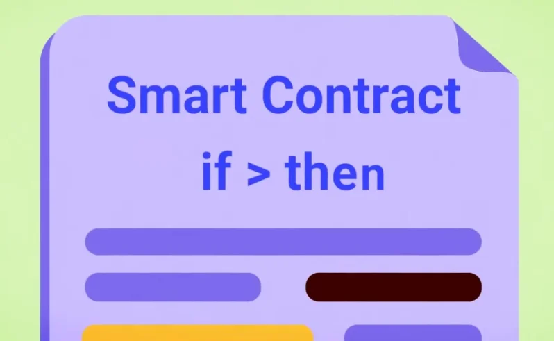 A stylized document labeled 'Smart Contract' with the text 'if > then' displayed.