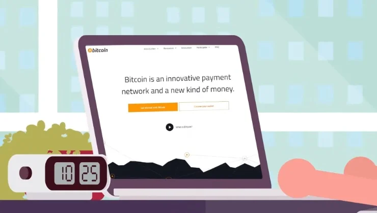 A browser showing the bitcoin.org website on a laptop screen.