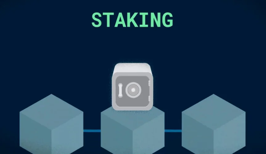 A safe representing staking connected to blocks in a blockchain, illustrating the Proof of Stake security mechanism.