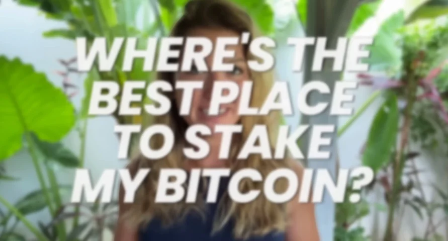 Bold text on screen asking where the best place to stake Bitcoin is, highlighting a common beginner question.