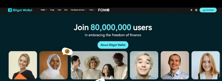 Bitget Wallet website displaying over 80 million users.