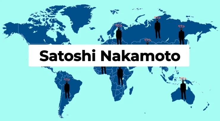 A lineup of silhouettes with question marks on a map of the world.