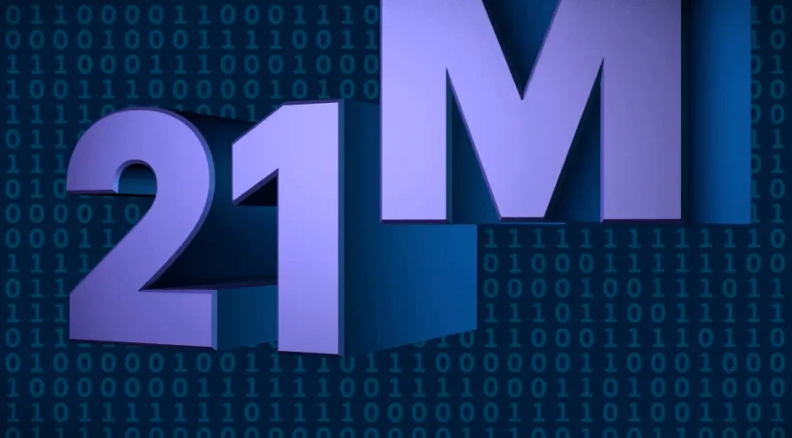 The text 21M displayed in large purple letters with binary code in the background.